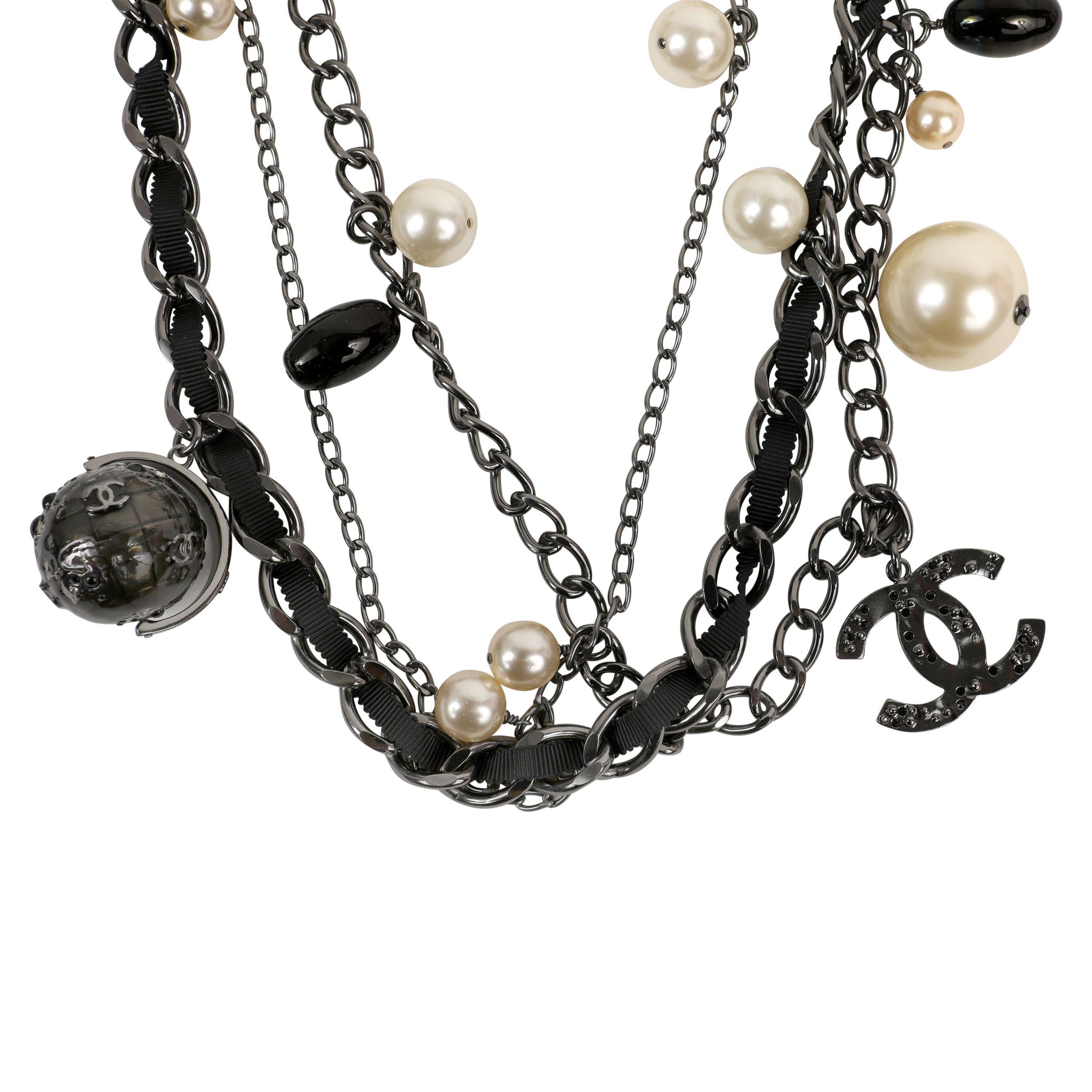 Chanel Ruthenium Globe Multiple Strand Necklace w/ Pearls & CC