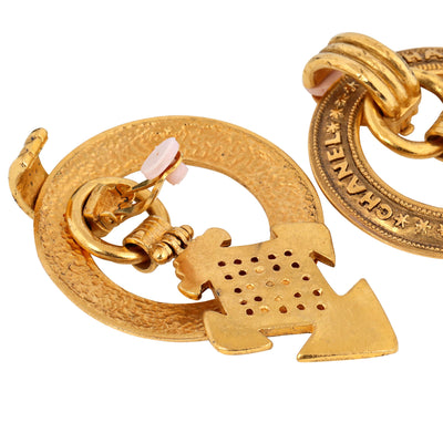 Chanel 24kt Gold Plated Aztec Cross Hoop Earrings w/ CC Cross