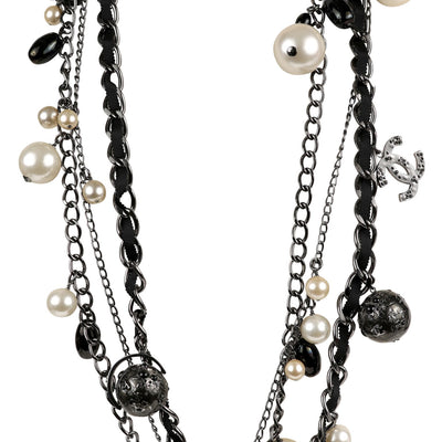 Chanel Ruthenium Globe Multiple Strand Necklace w/ Pearls & CC
