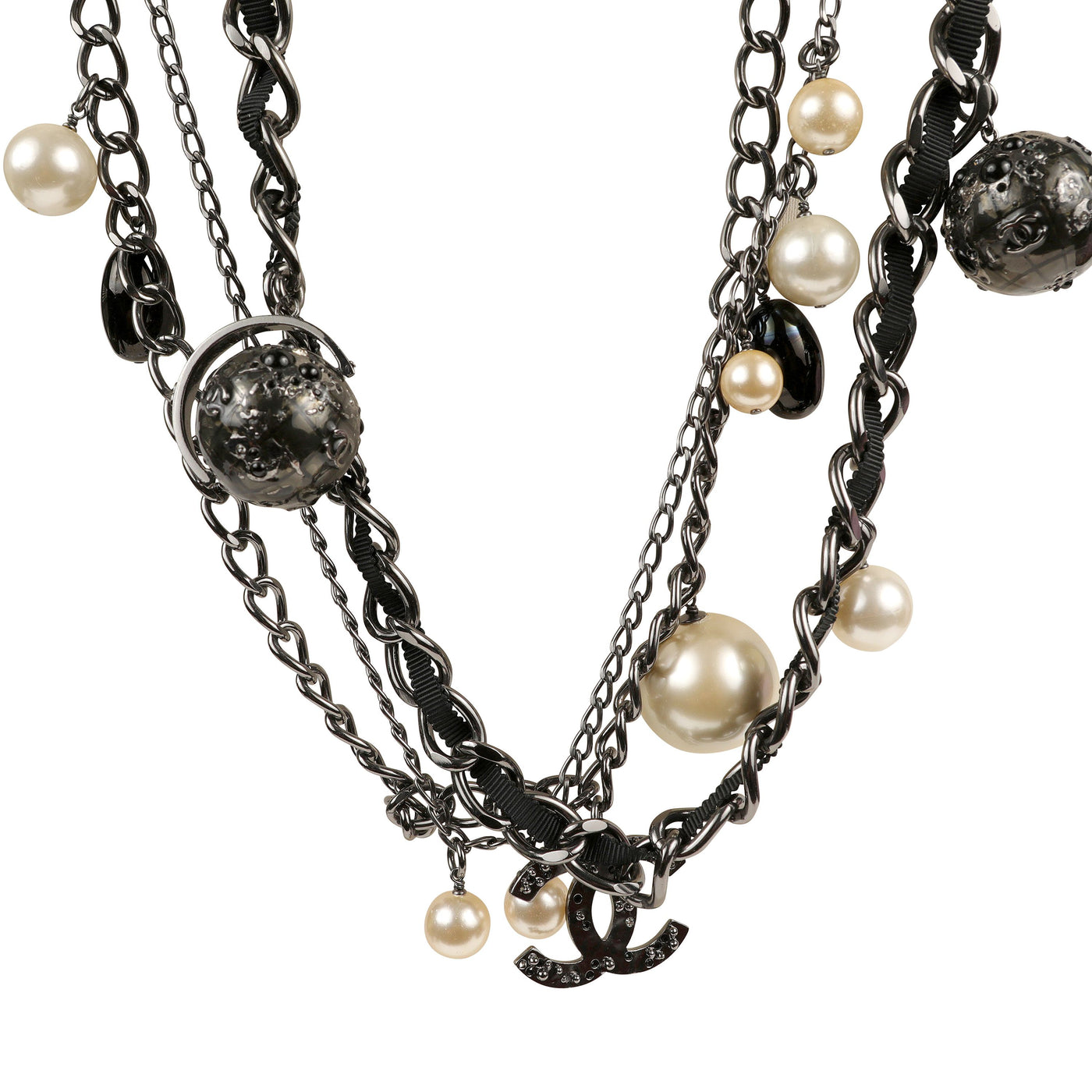 Chanel Ruthenium Globe Multiple Strand Necklace w/ Pearls & CC