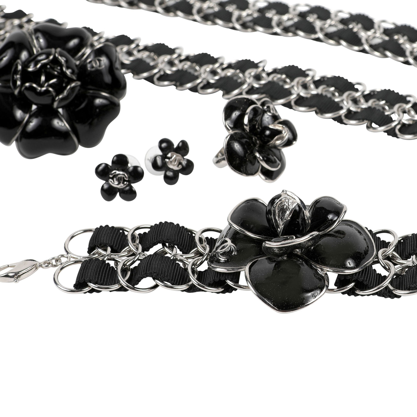 Chanel Black Camellia/ Silver Set (Bracelet, Brooch, Earrings, Ring, Belt)