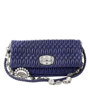 Miu Miu Royal Blue Iconic Crystal Cloquè Small Shoulder Bag with Silver Hardware