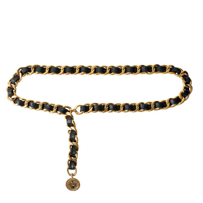 Chanel Black Leather Gold Chain Belt w/ Gold Charm
