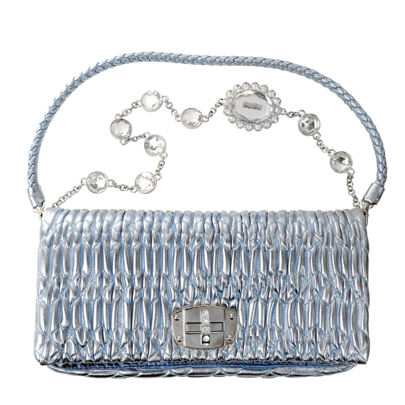 Miu Miu Metallic Blue Iconic Crystal Cloquè Small Shoulder Bag with Silver Hardware