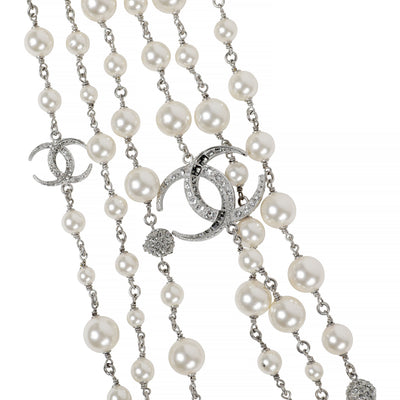 Chanel Triple Strand Pearls w/ Silver Crystal CC