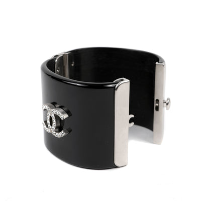 Chanel Black Lucite Crystal Verre Crest Cuff w/ Silver Hardware