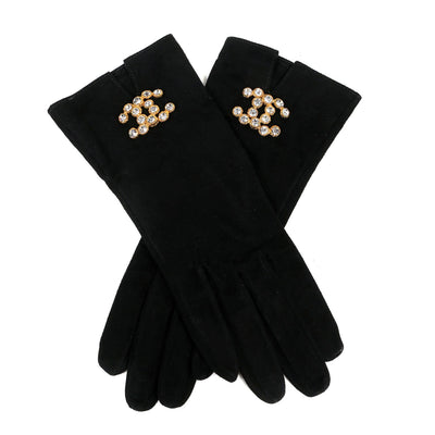 Chanel Black Suede X- Small Gloves w/ Crystal CC Detail