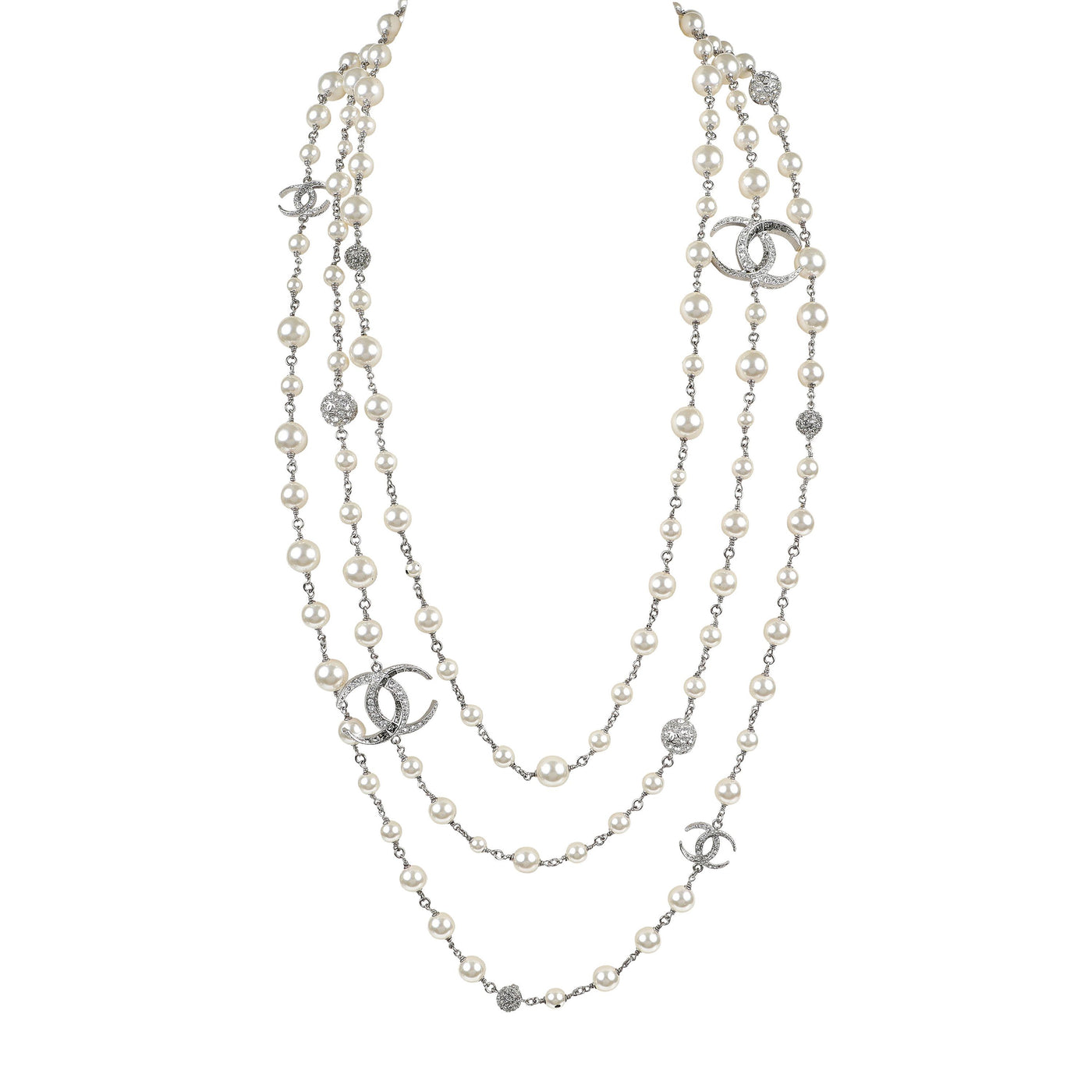 Chanel Triple Strand Pearls w/ Silver Crystal CC