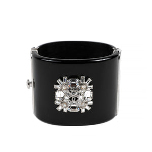 Chanel Black Lucite Crystal Verre Crest Cuff w/ Silver Hardware