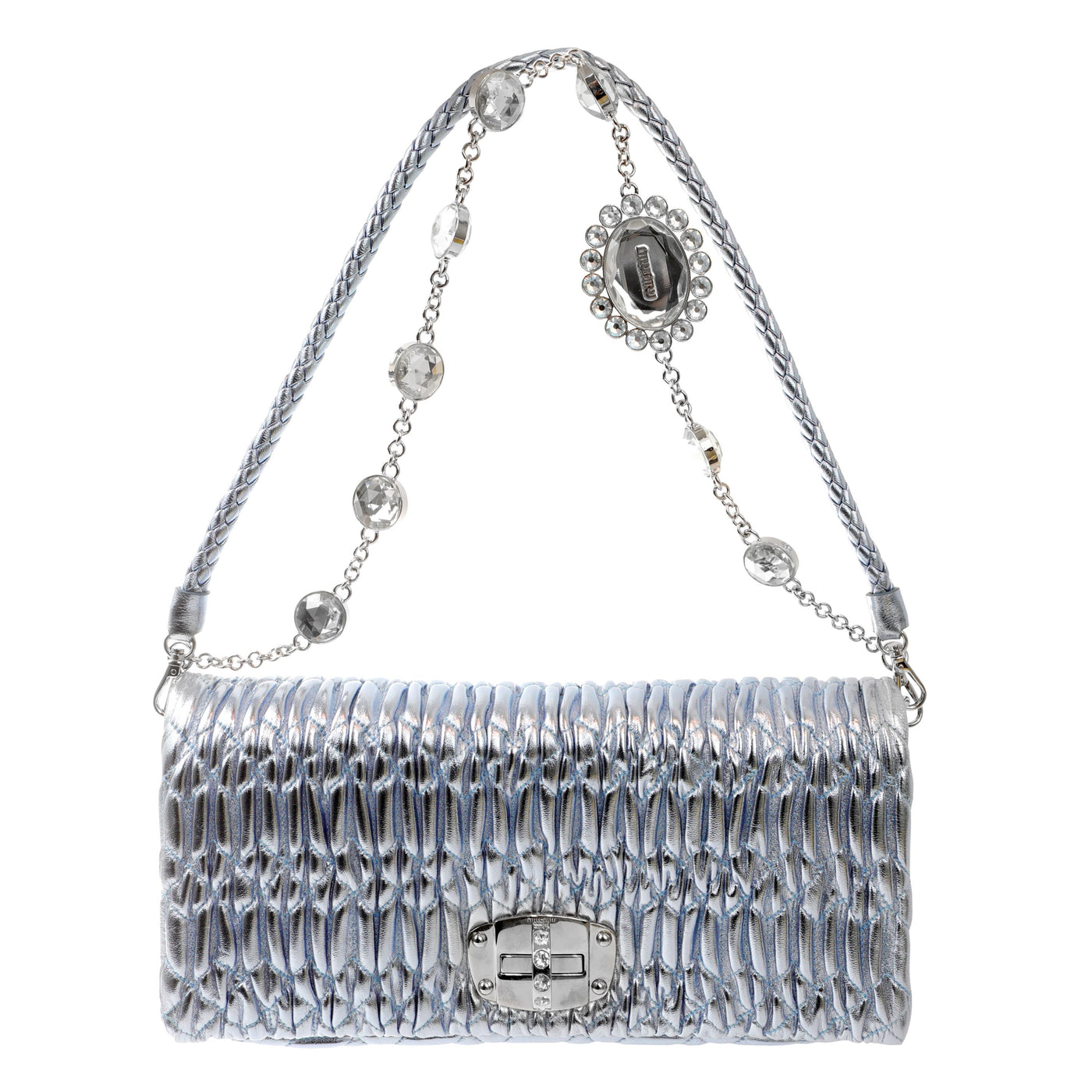 Miu Miu Metallic Blue Iconic Crystal Cloquè Small Shoulder Bag with Silver Hardware