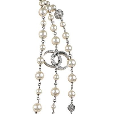 Chanel Triple Strand Pearls w/ Silver Crystal CC