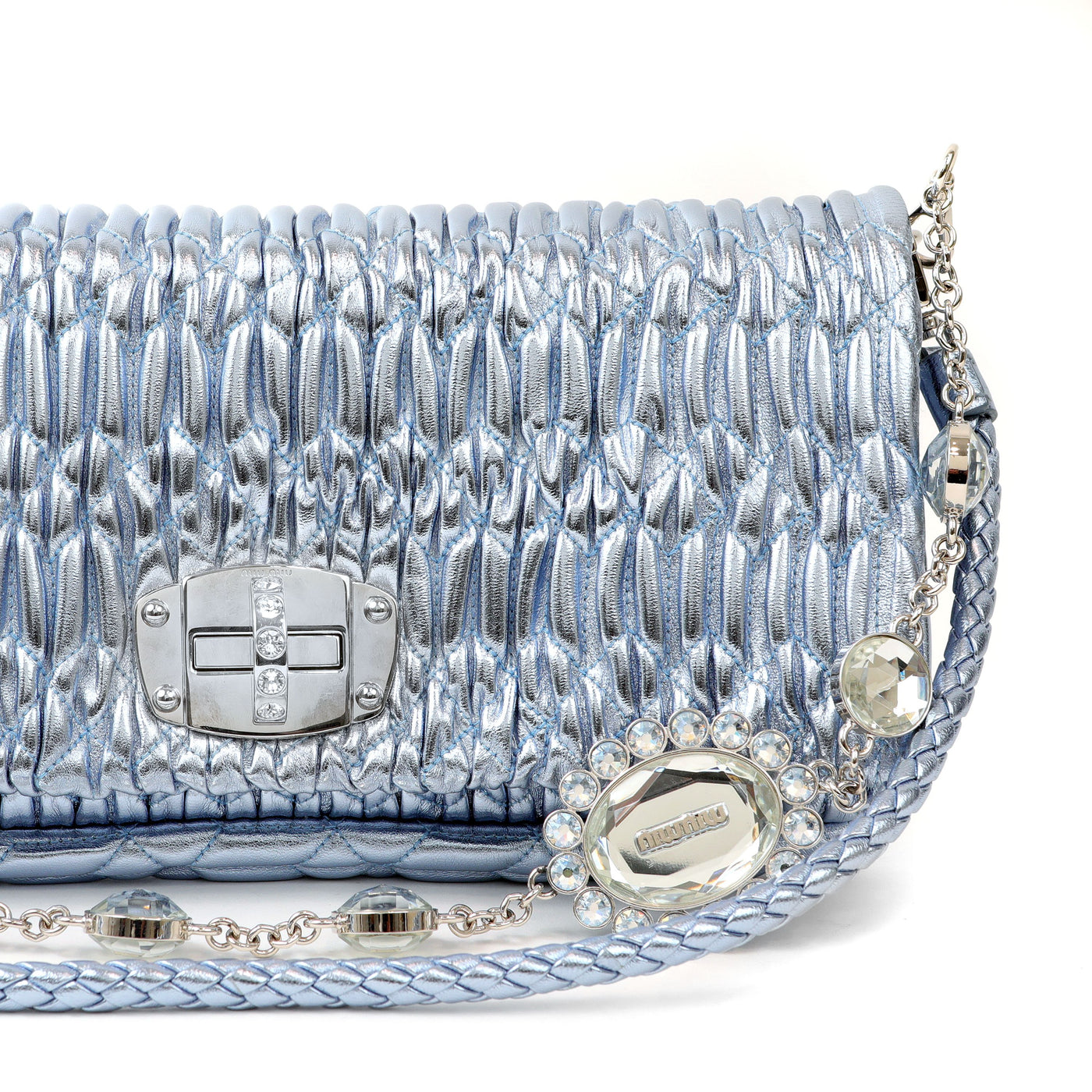 Miu Miu Metallic Blue Iconic Crystal Cloquè Small Shoulder Bag with Silver Hardware