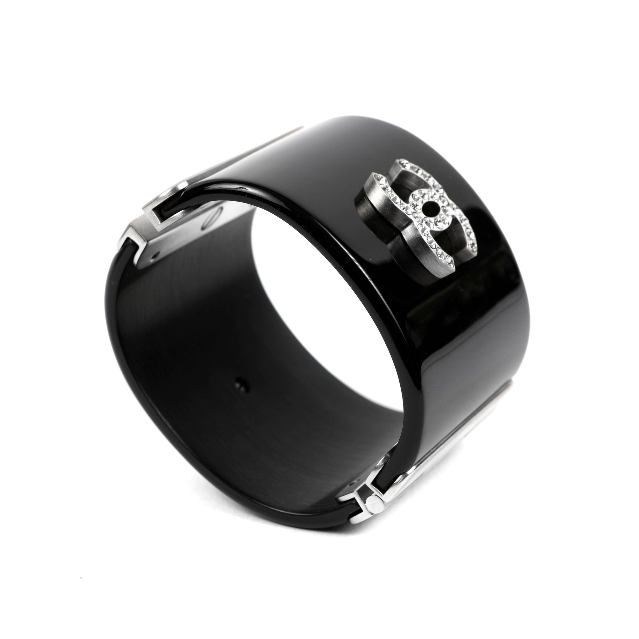 Chanel Black Lucite Crystal Verre Crest Cuff w/ Silver Hardware
