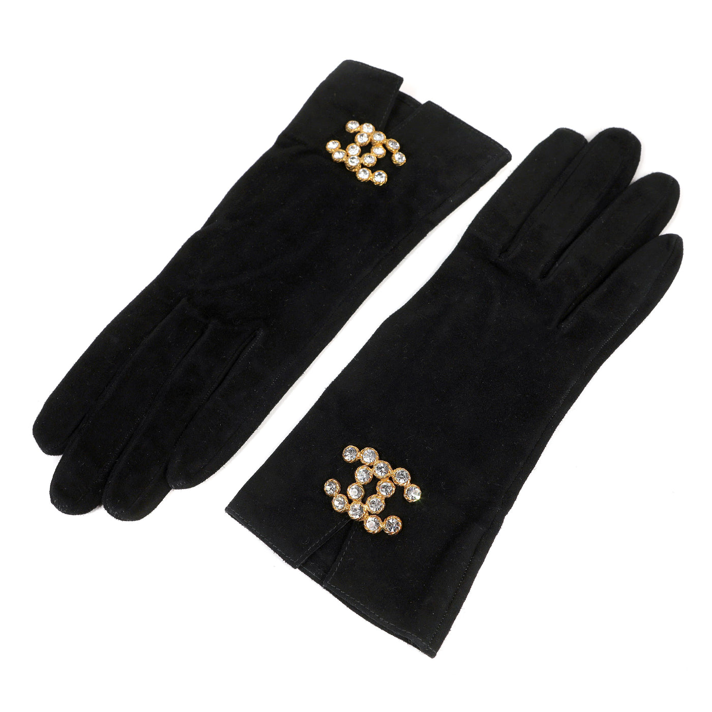 Chanel Black Suede X- Small Gloves w/ Crystal CC Detail
