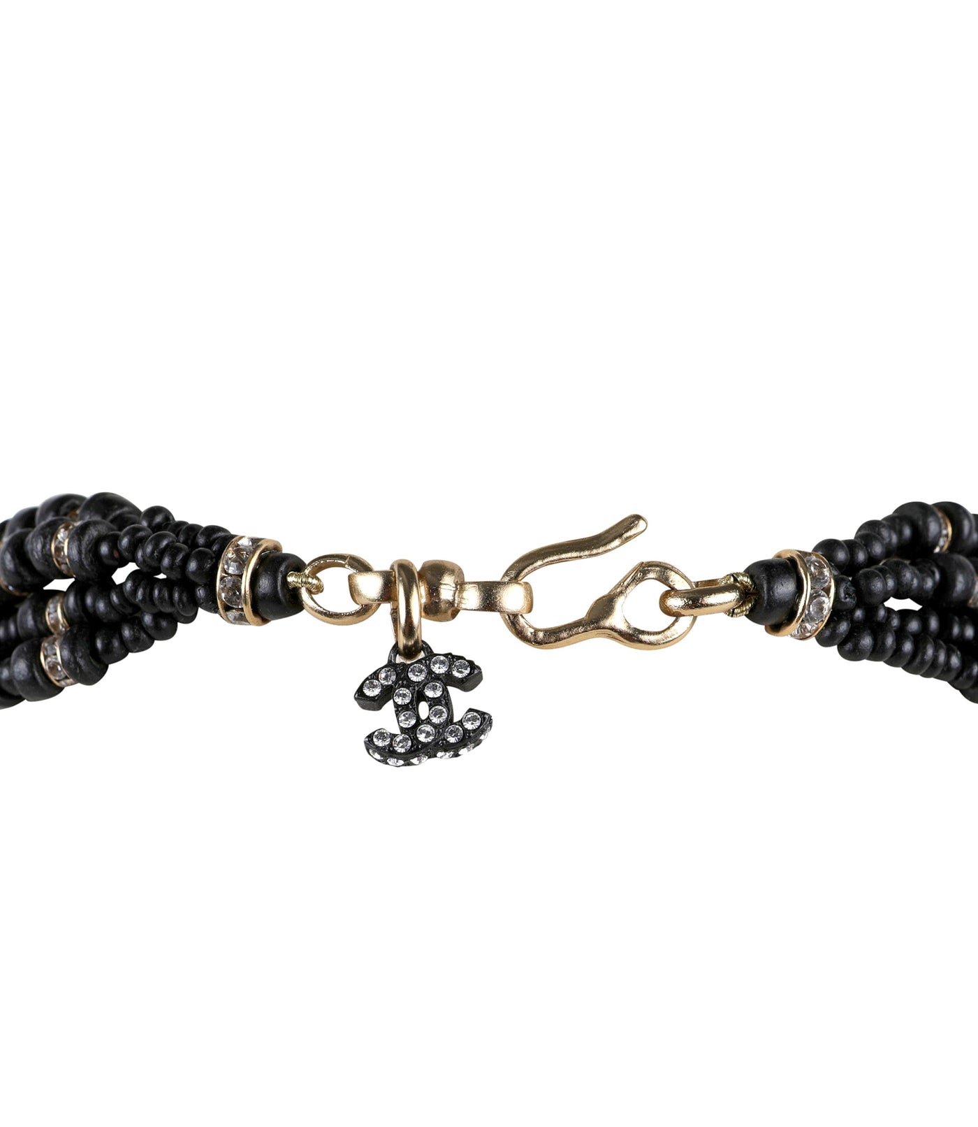 Chanel Black Wooden Bead Necklace w/ Crystals & Camellia
