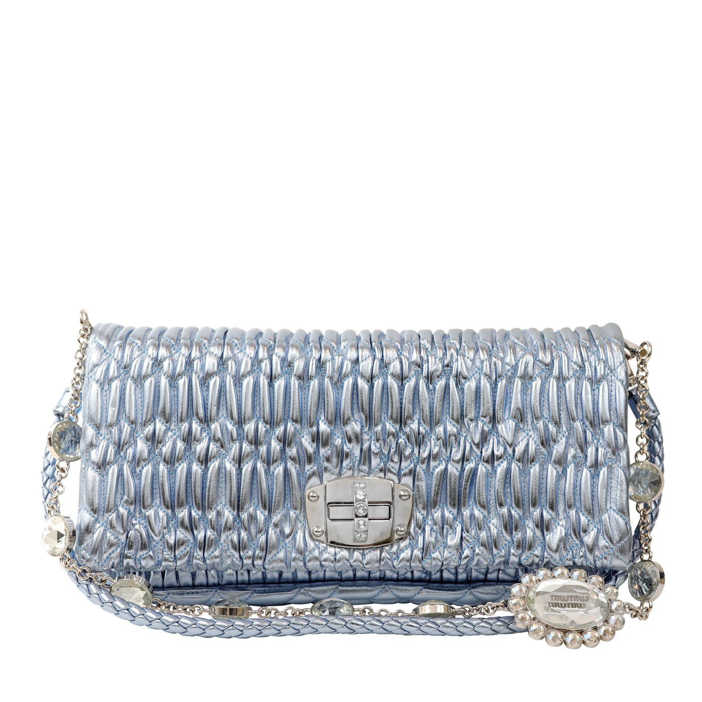 Miu Miu Metallic Blue Iconic Crystal Cloquè Small Shoulder Bag with Silver Hardware