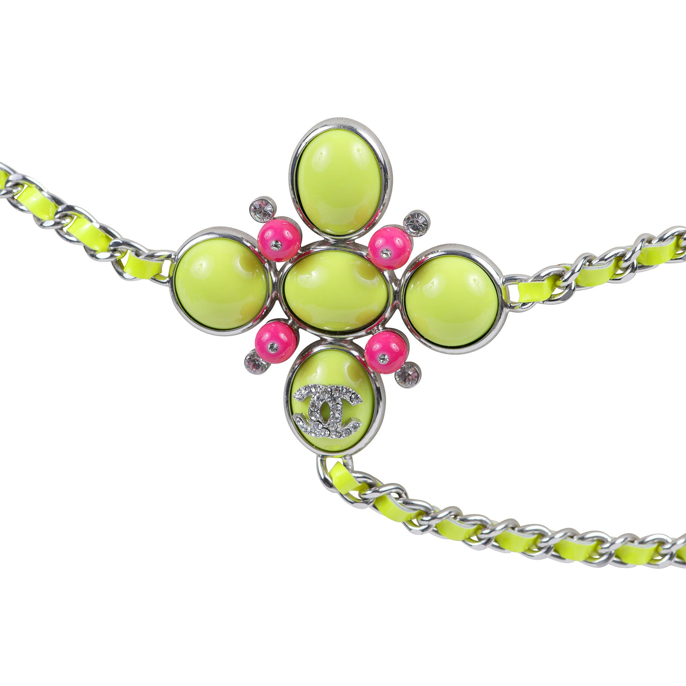 Chanel Chartreuse Green Patent Leather Chain Belt w/ Pink Brooch & Silver Hardware
