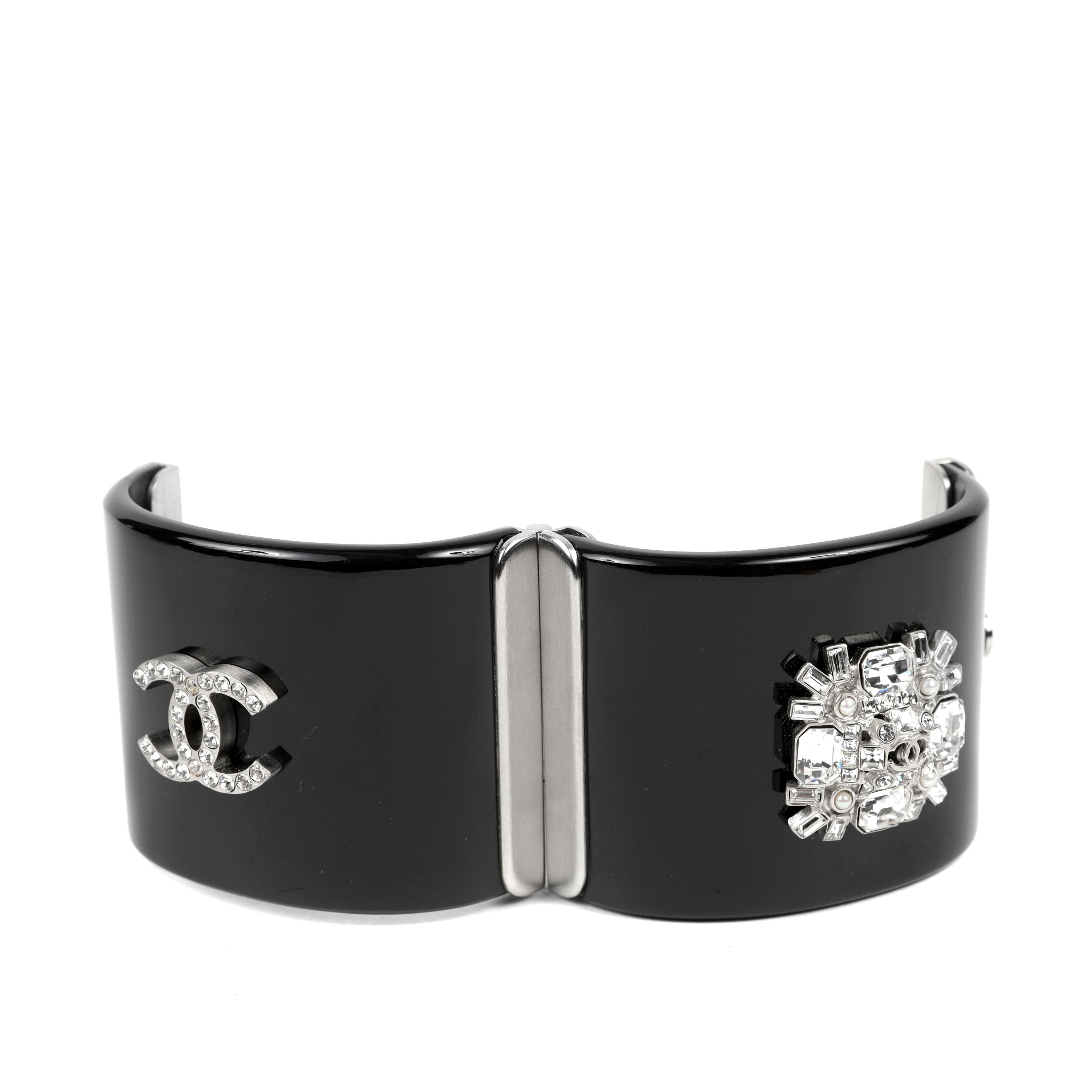 Chanel Black Lucite Crystal Verre Crest Cuff w/ Silver Hardware