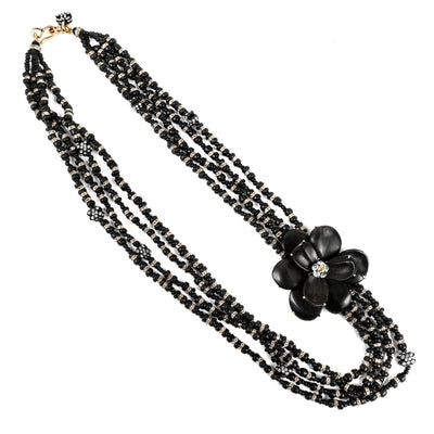 Chanel Black Wooden Bead Necklace w/ Crystals & Camellia