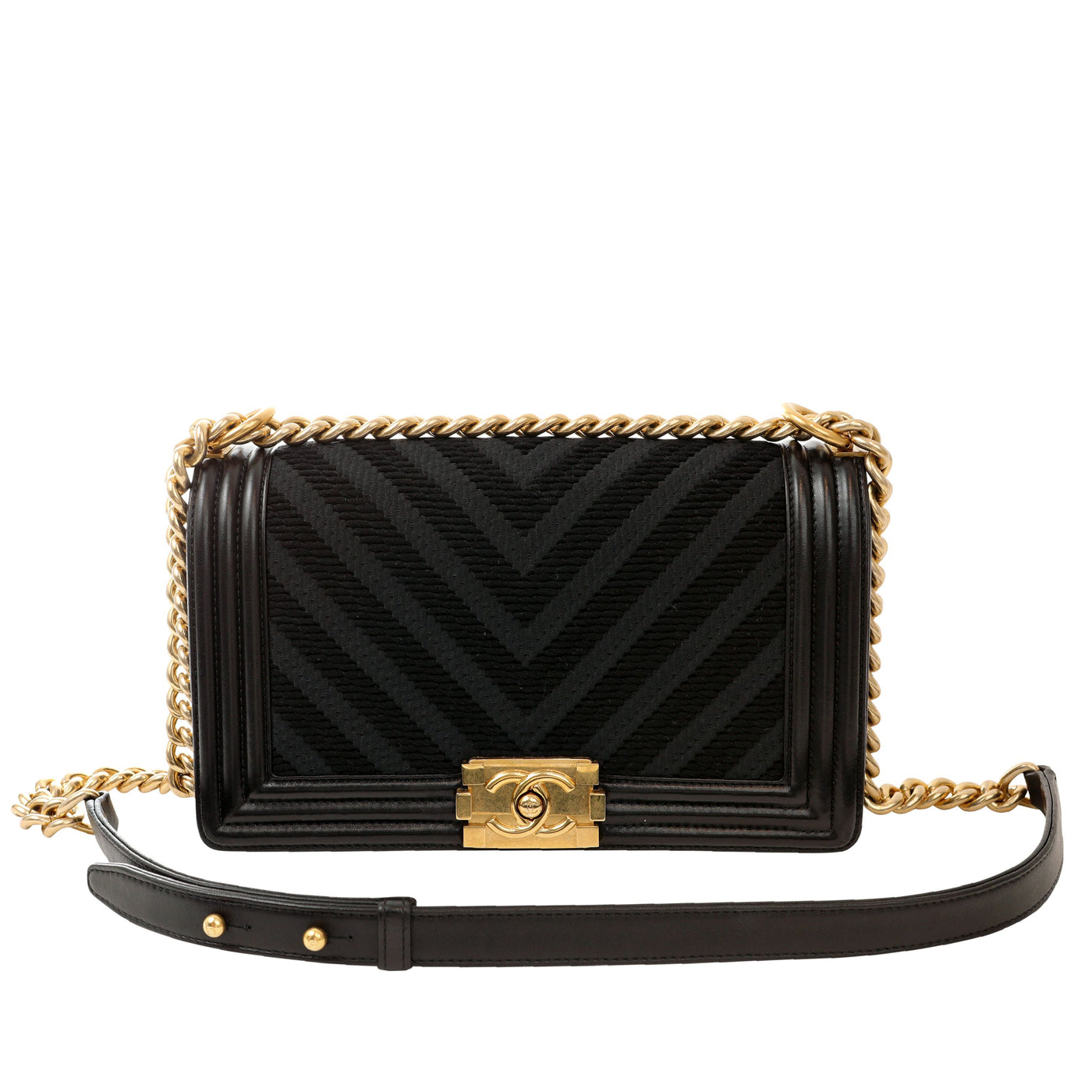 Chanel Black Braided Twill Medium Boy Bag w/ Gold Hardware