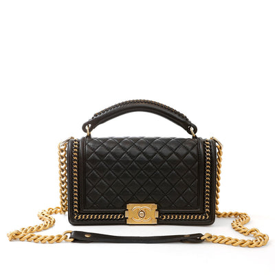 Chanel Black Lambskin Medium Chain Around Boy Bag with Gold Hardware