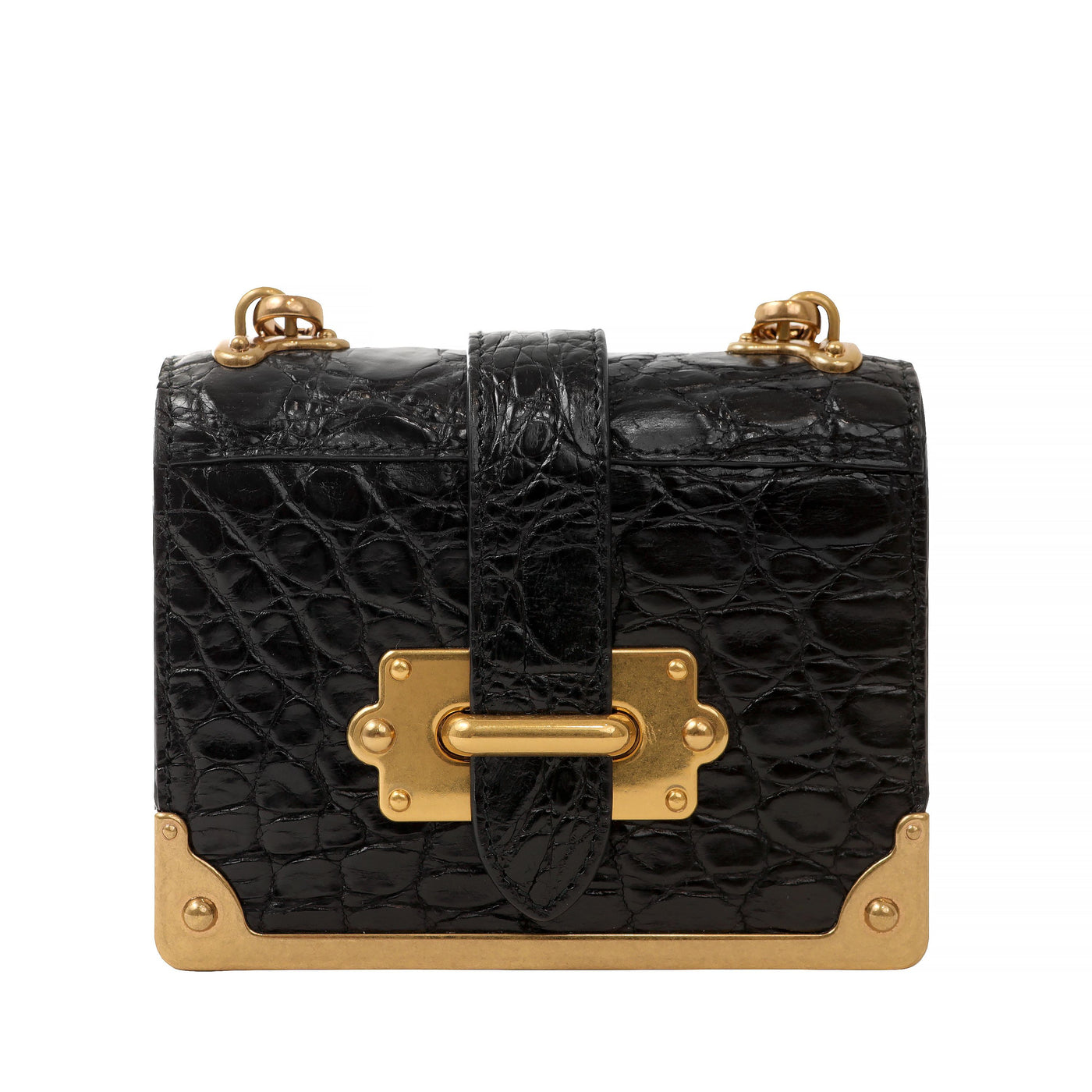 Prada Black Crocodile Micro Cahier Bag with Gold Hardware