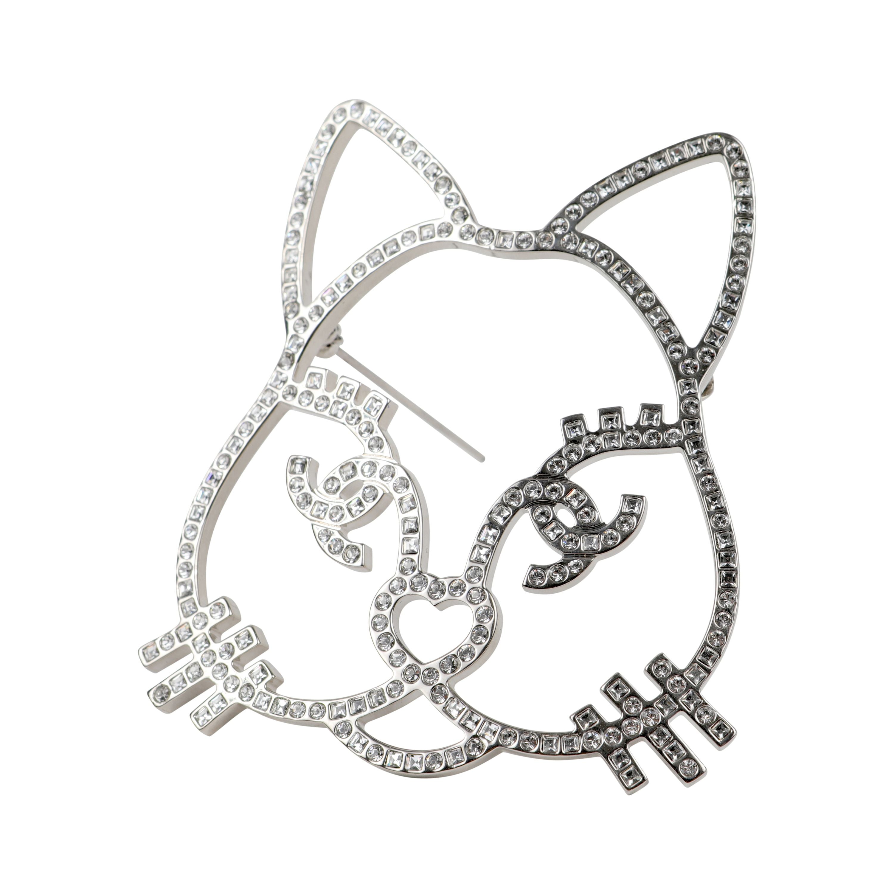 Chanel Large Cat Crystal Pin w/ Silver Hardware