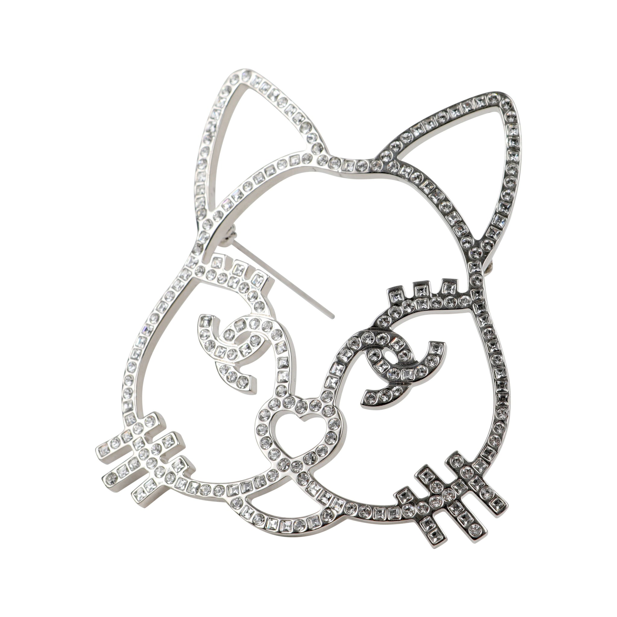 Chanel Large Cat Crystal Pin w/ Silver Hardware