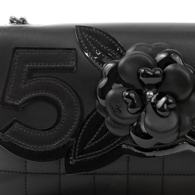 Chanel Black Lambskin Camellia #5 Shoulder Bag Clutch with Silver Hardware