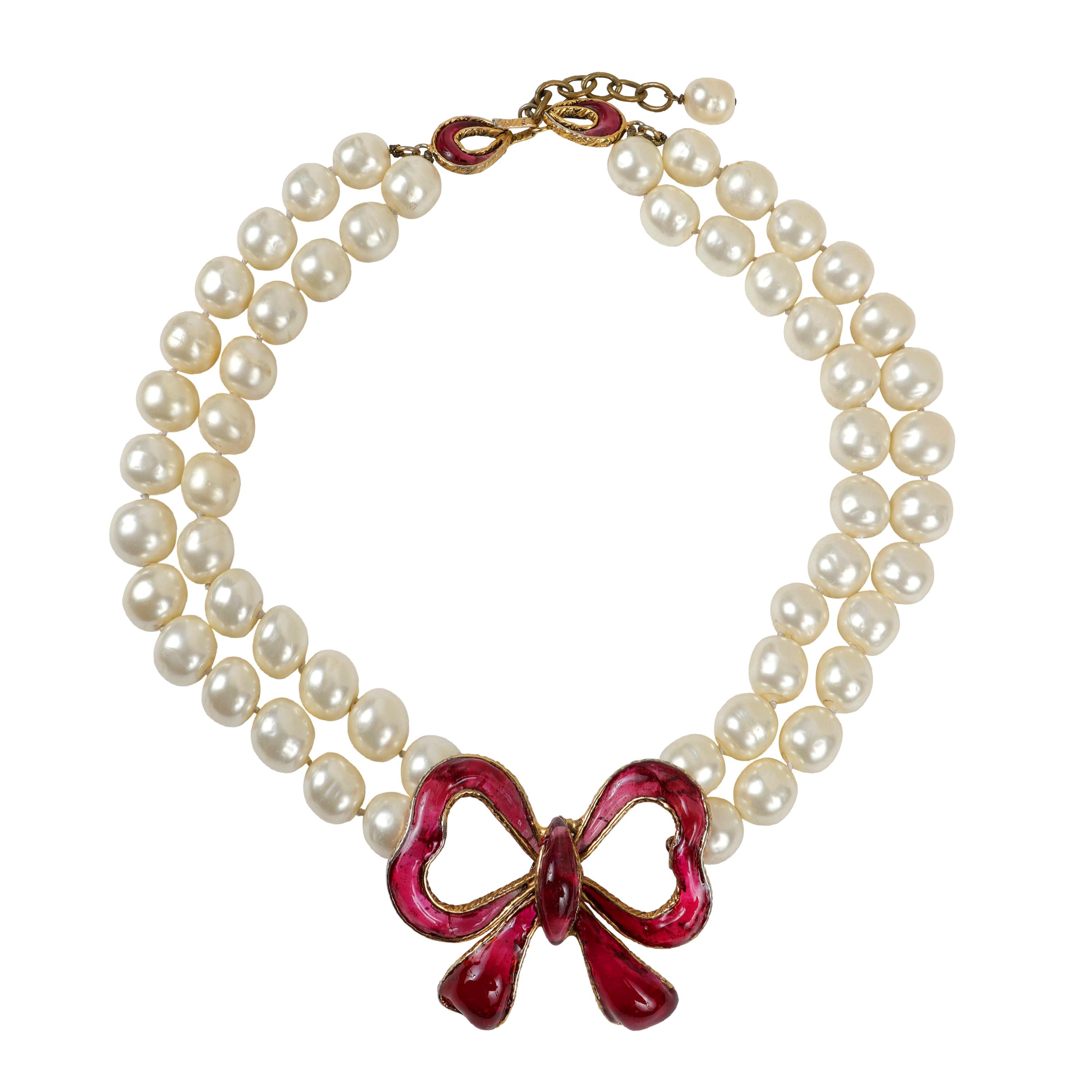 Chanel Vintage Double Pearl Red Gripoix Bow Choker