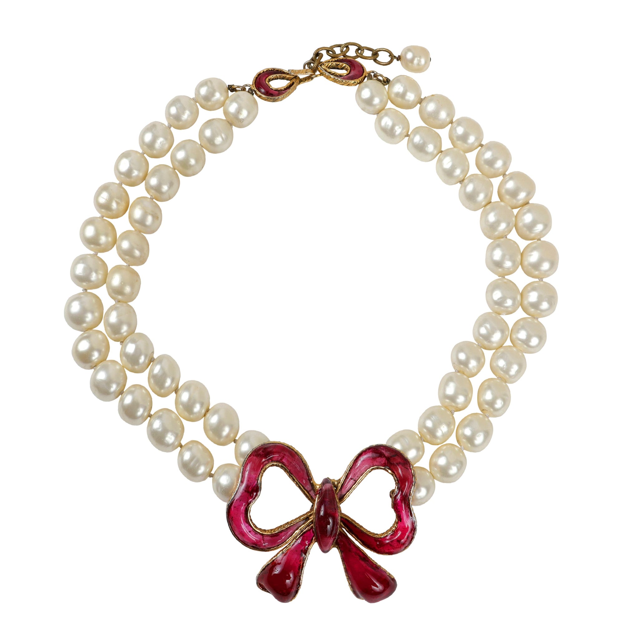 Chanel Vintage Double Pearl Red Gripoix Bow Choker