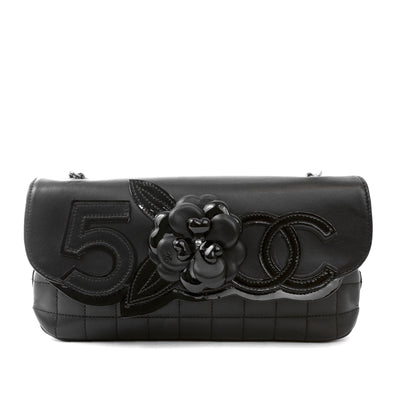 Chanel Black Lambskin Camellia #5 Shoulder Bag Clutch with Silver Hardware
