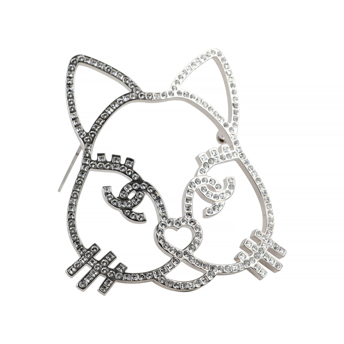 Chanel Large Cat Crystal Pin w/ Silver Hardware