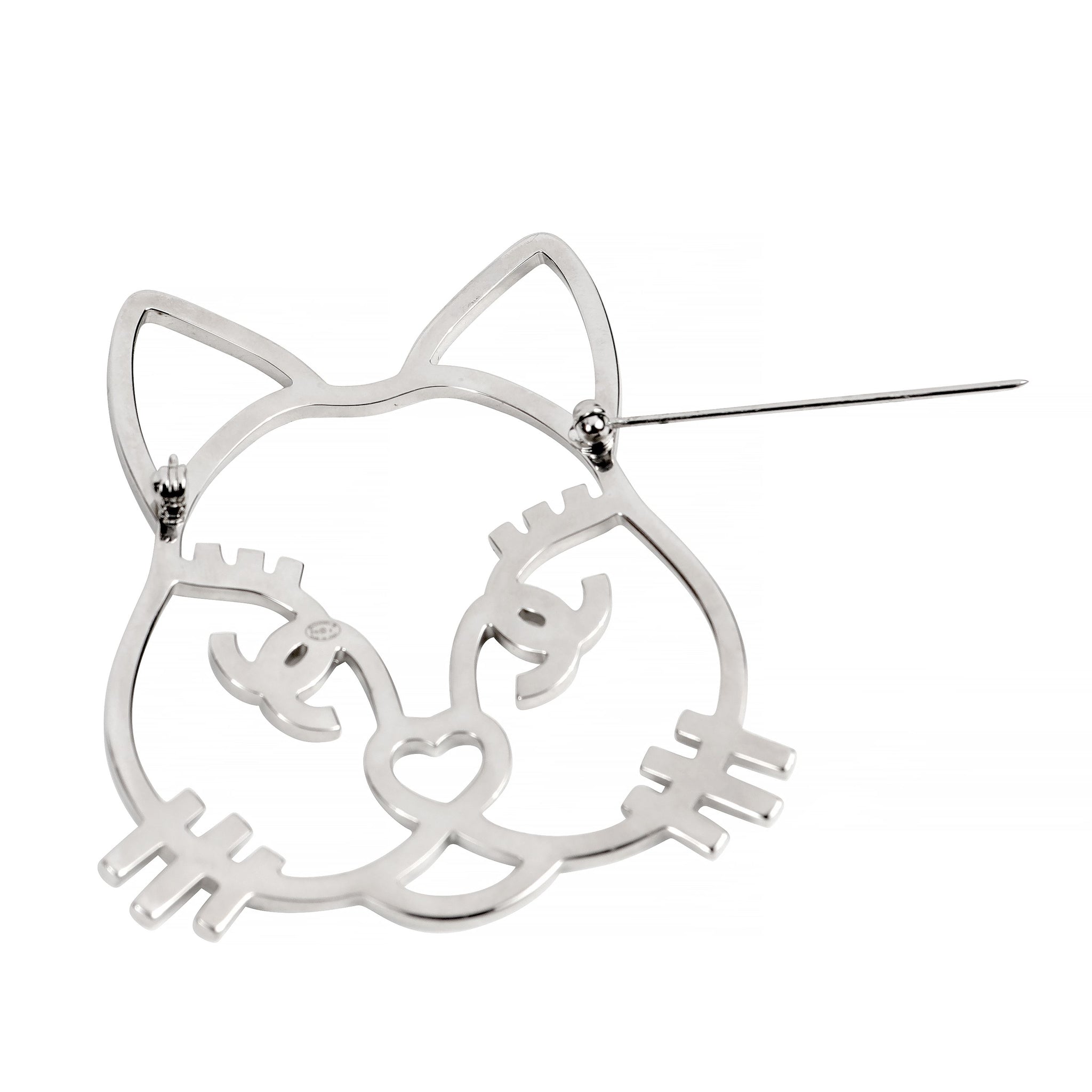 Chanel Large Cat Crystal Pin w/ Silver Hardware