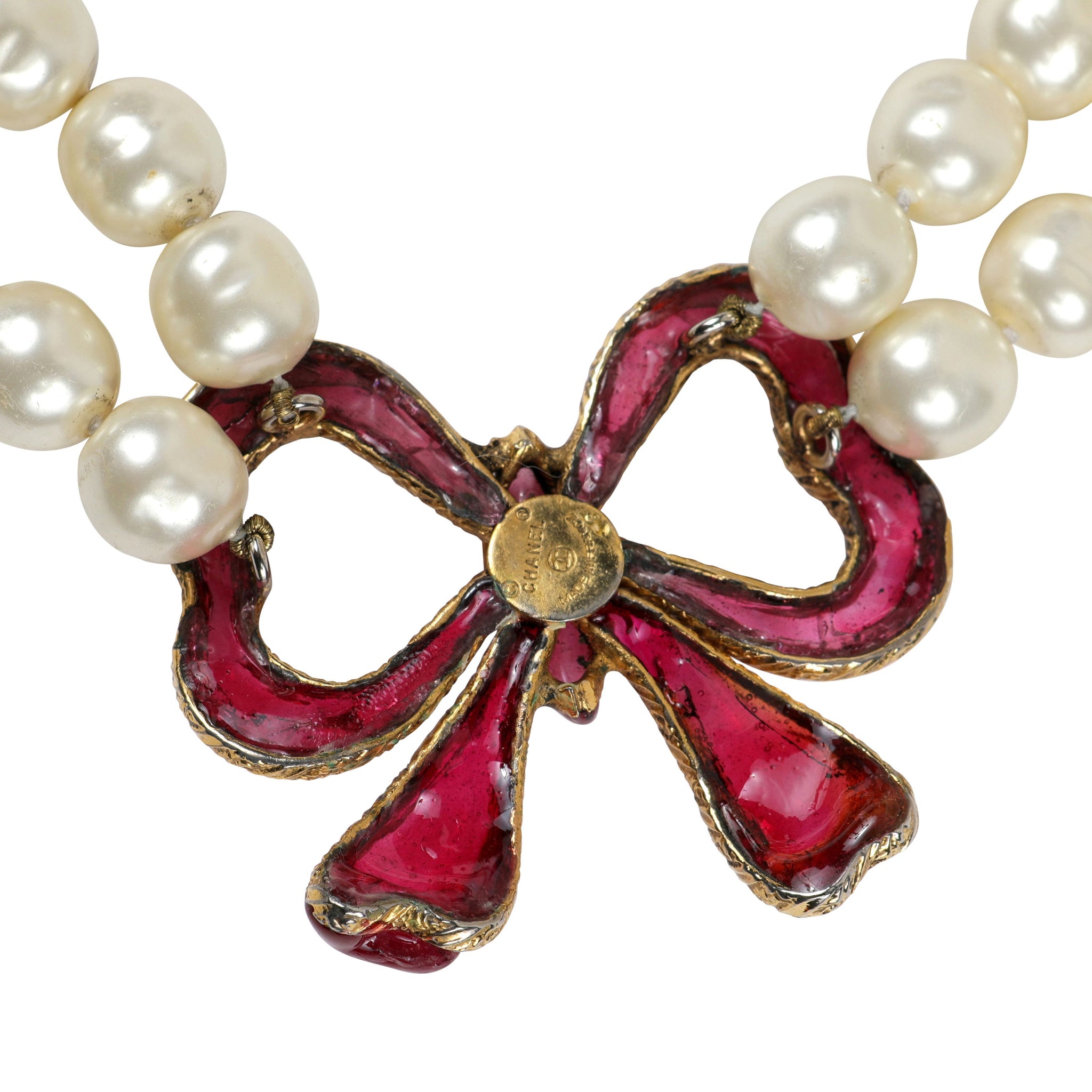 Chanel Vintage Double Pearl Red Gripoix Bow Choker