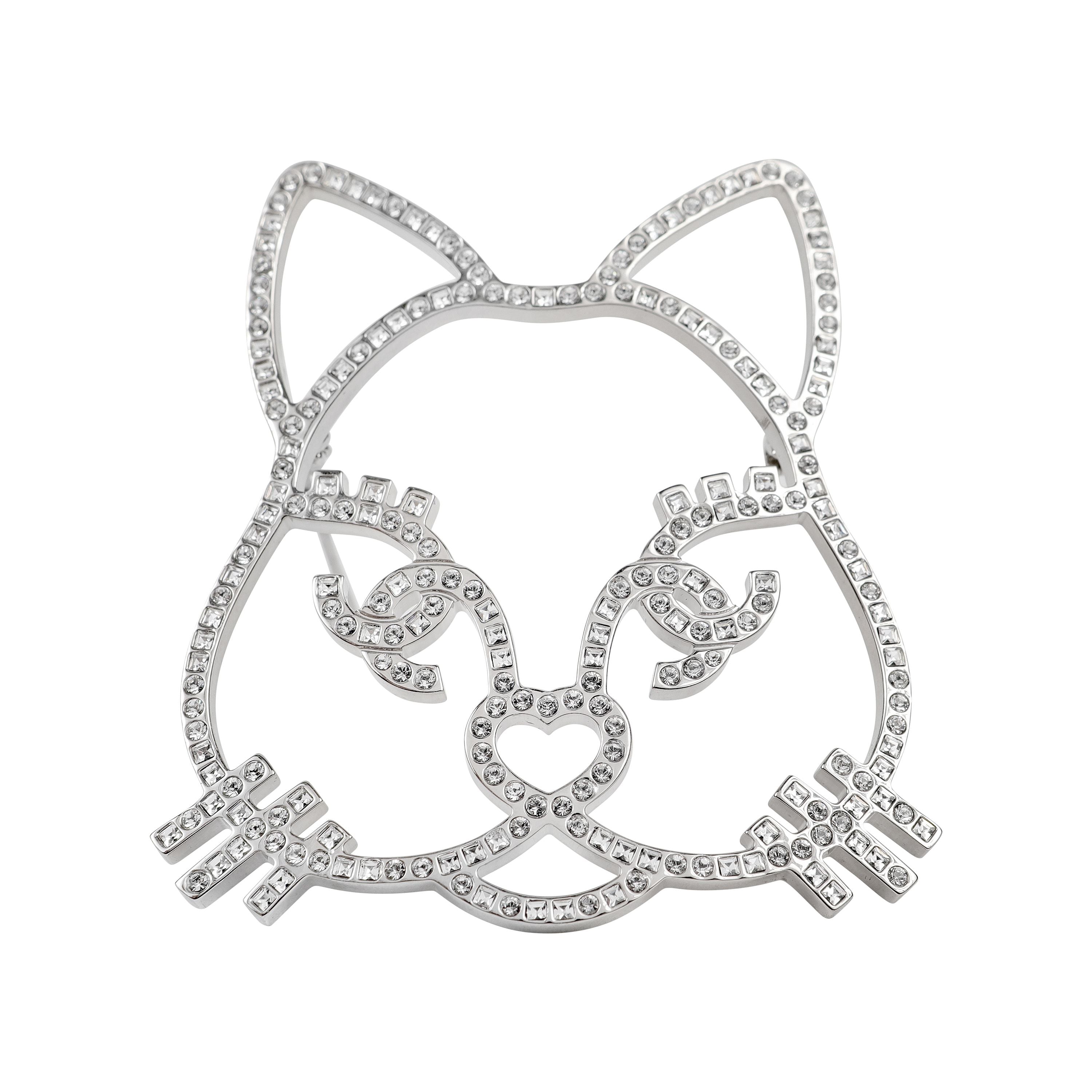 Chanel Large Cat Crystal Pin w/ Silver Hardware