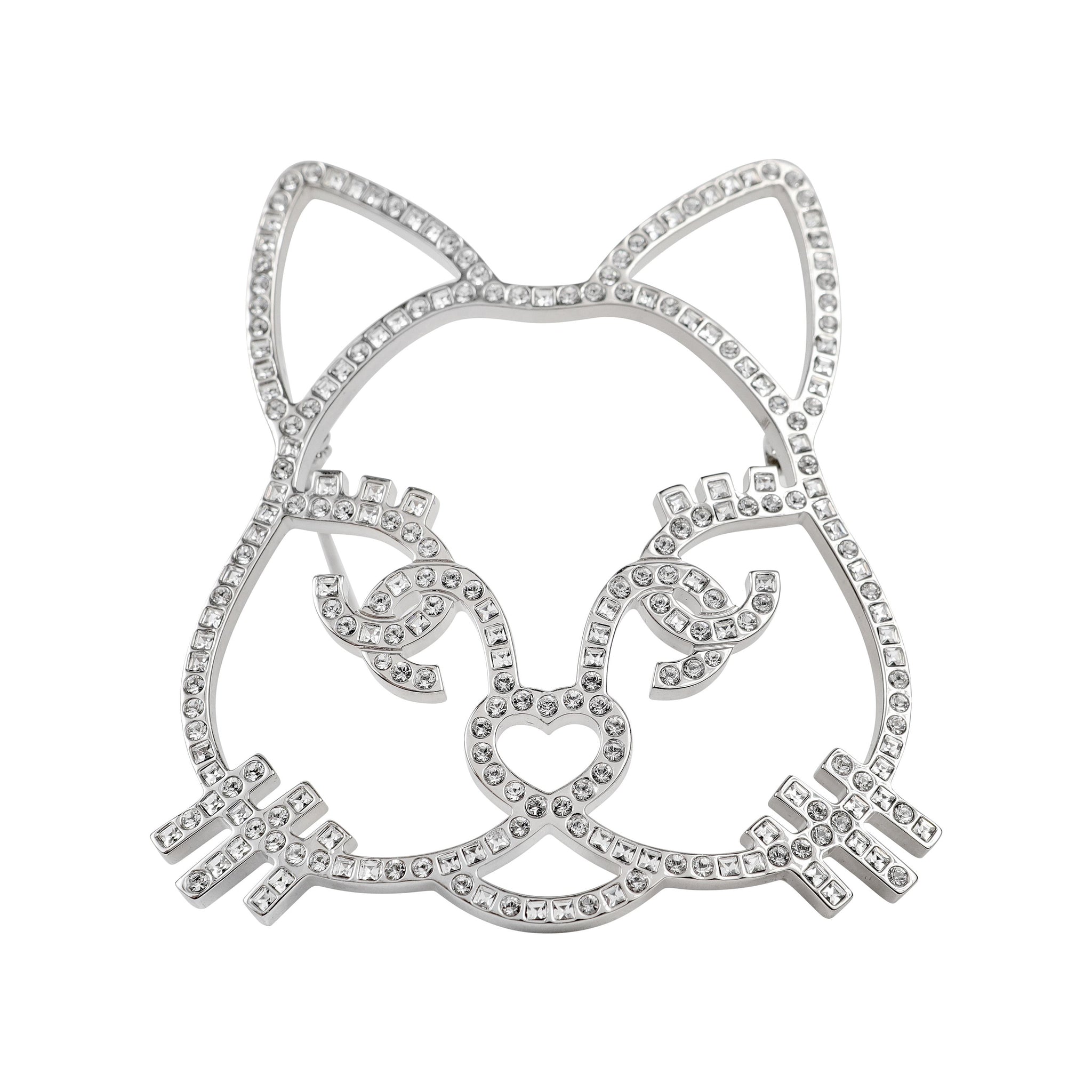 Chanel Large Cat Crystal Pin w/ Silver Hardware