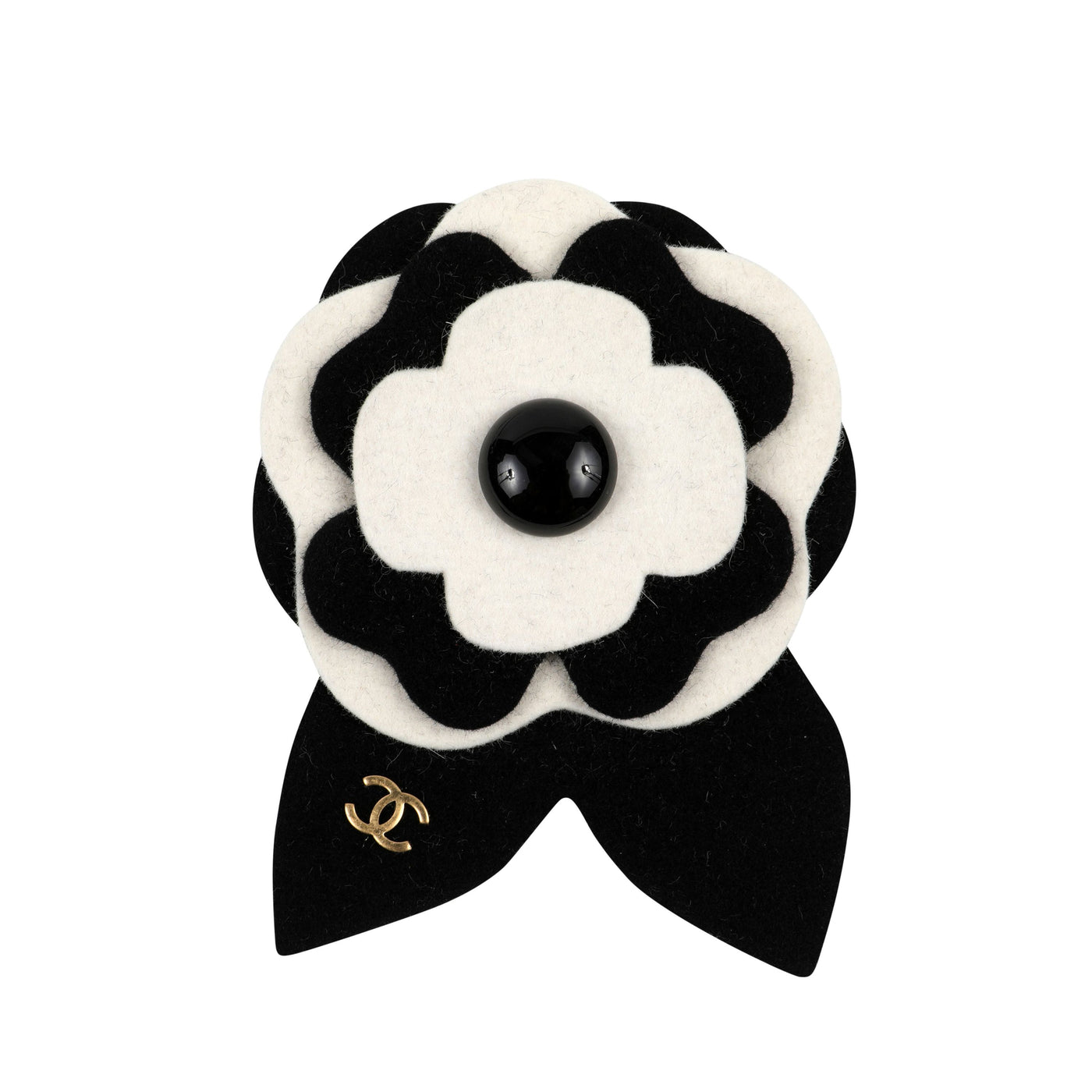 Chanel Black/White Felt Camellia Brooch