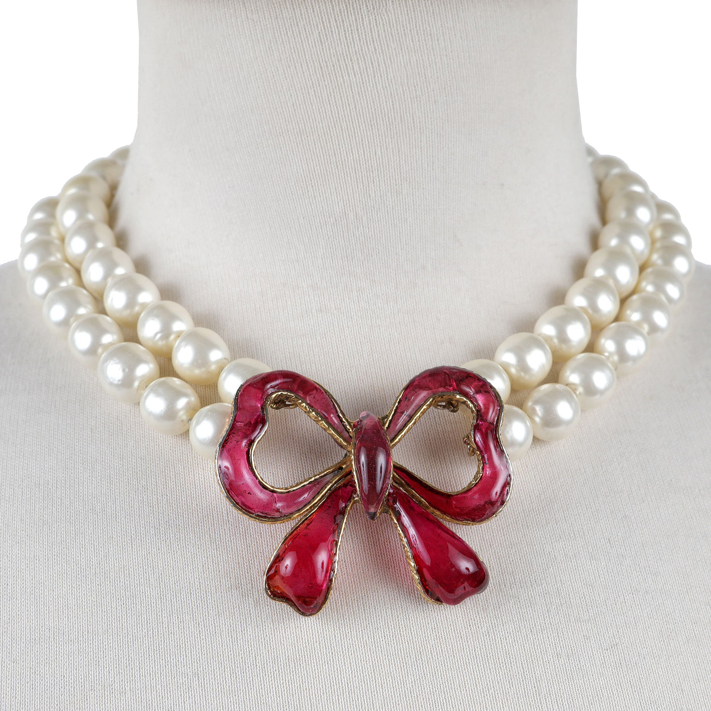 Chanel Vintage Double Pearl Red Gripoix Bow Choker