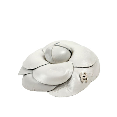 Chanel White Leather Camellia Brooch