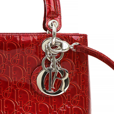 Dior Vintage Lipstick Red Patent Monogram Medium Lady Dior Bag with Silver Hardware