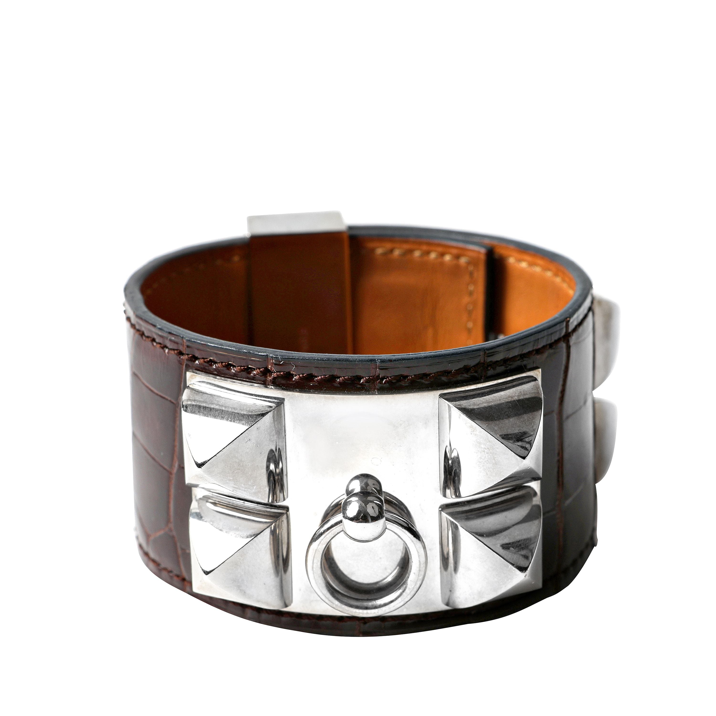 Hermès Chocolate Alligator Collier de Chien CDC Cuff Bracelet with Palladium Hardware