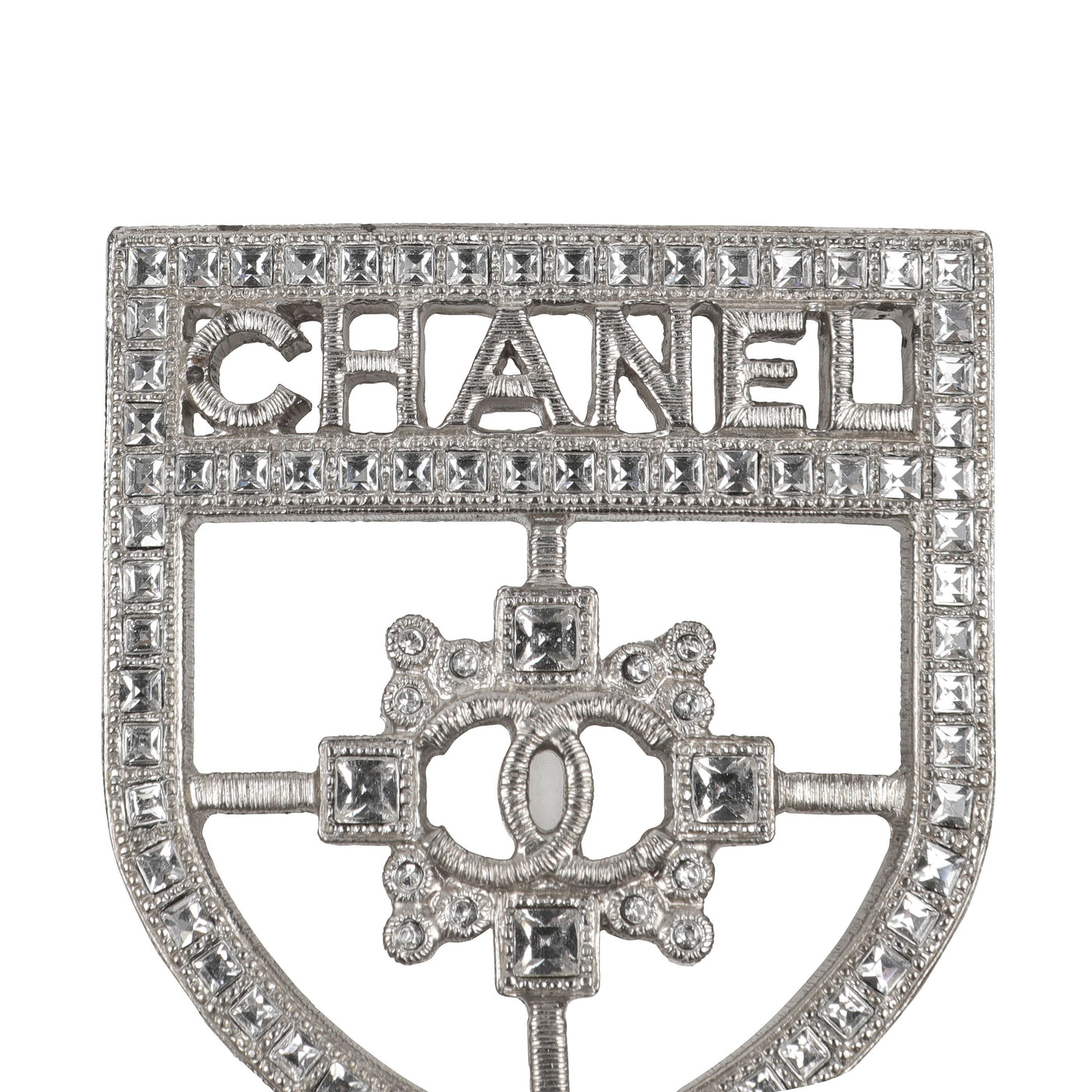 Chanel Silver Crystal CC Crest Brooch/Pin