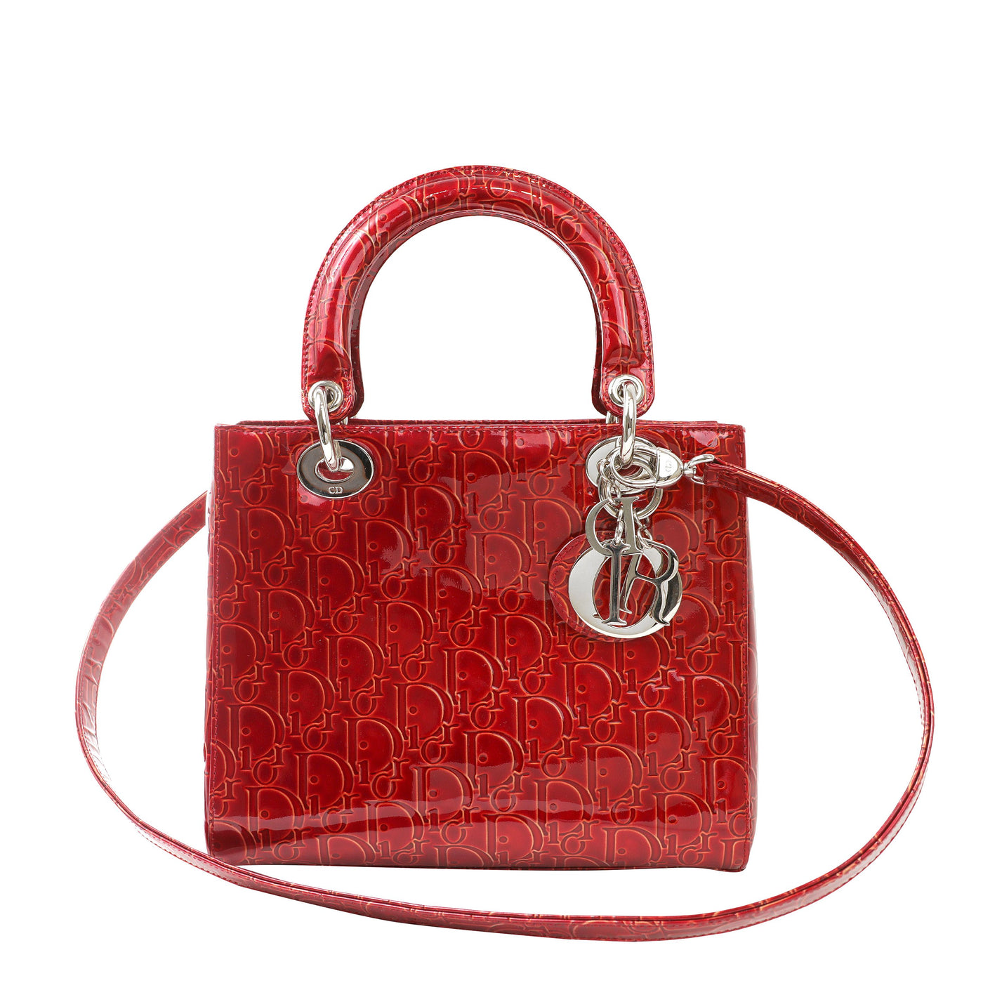 Dior Vintage Lipstick Red Patent Monogram Medium Lady Dior Bag with Silver Hardware
