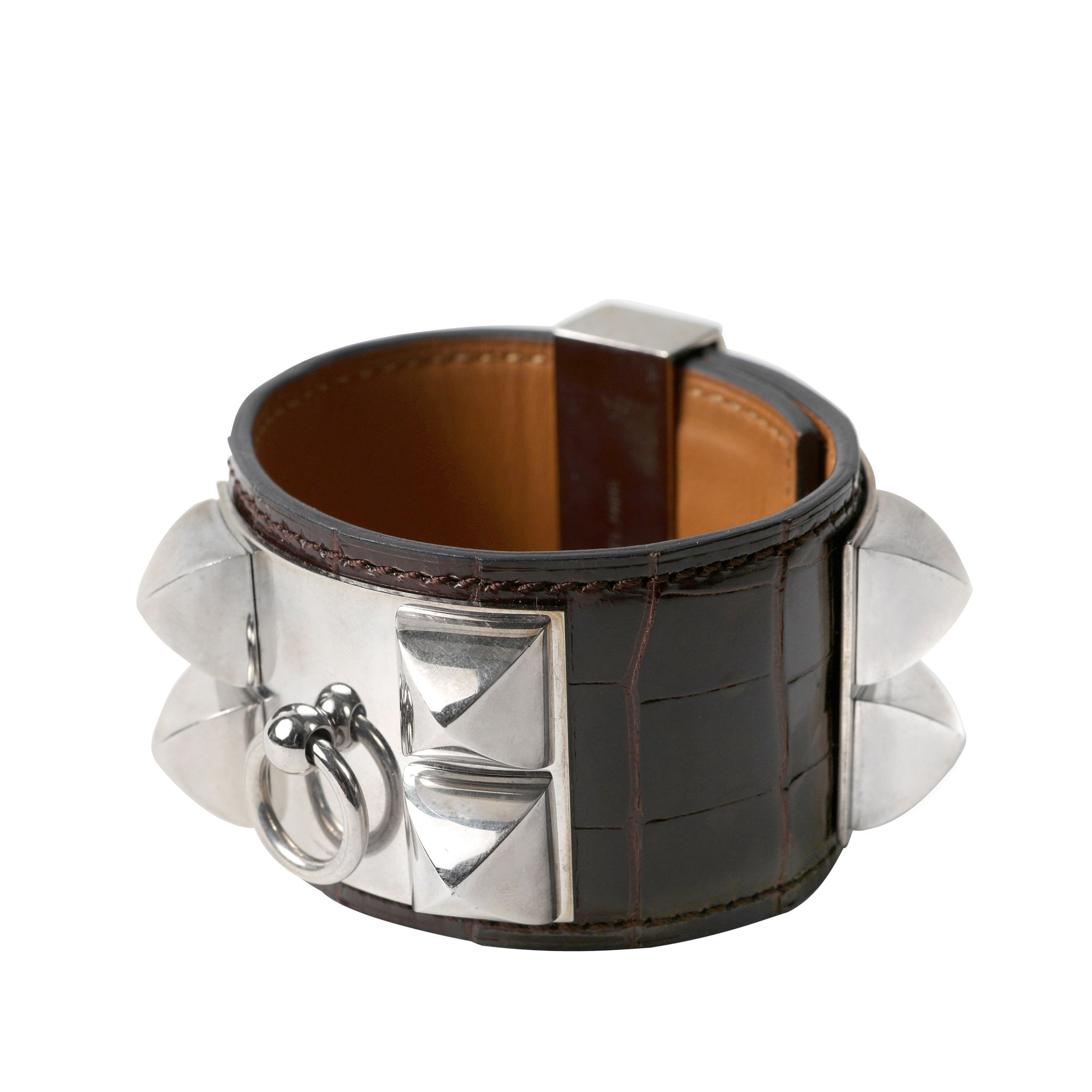Hermès Chocolate Alligator Collier de Chien CDC Cuff Bracelet with Palladium Hardware