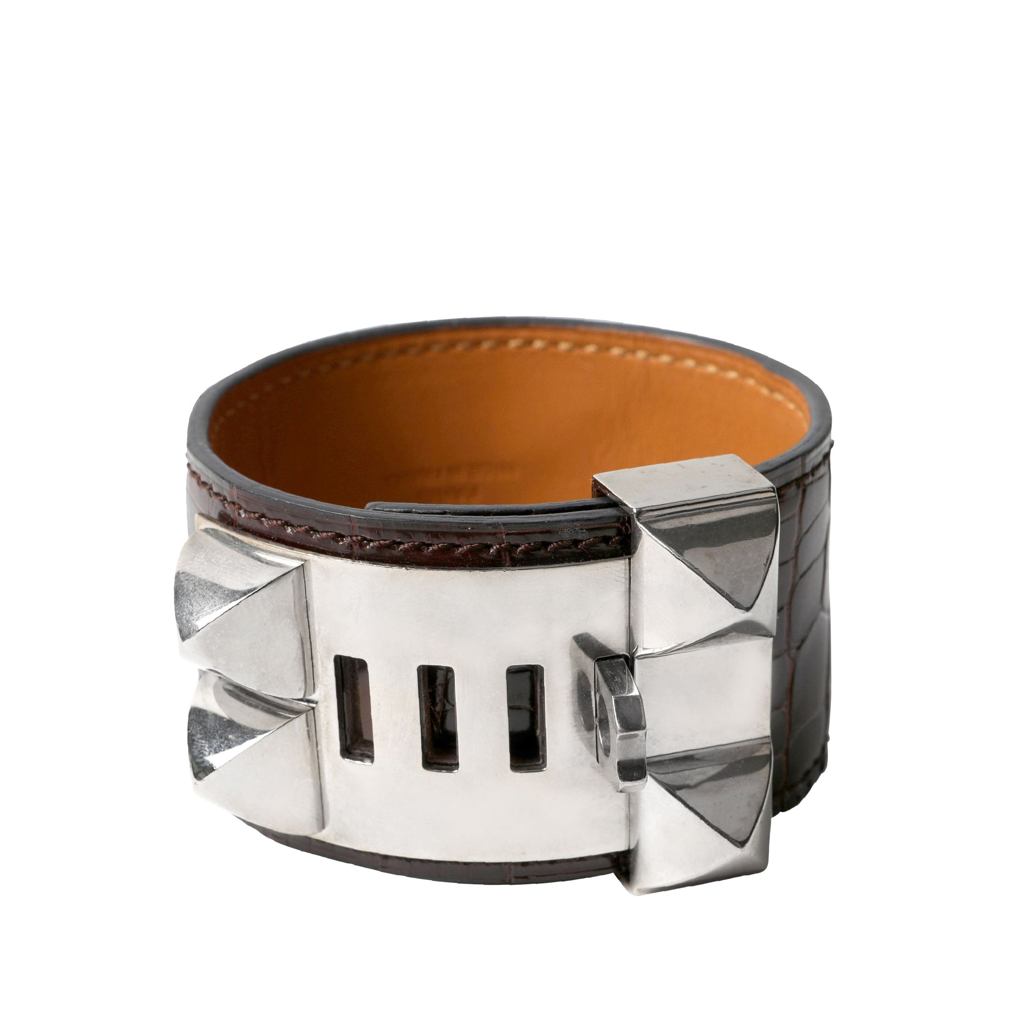 Hermès Chocolate Alligator Collier de Chien CDC Cuff Bracelet with Palladium Hardware