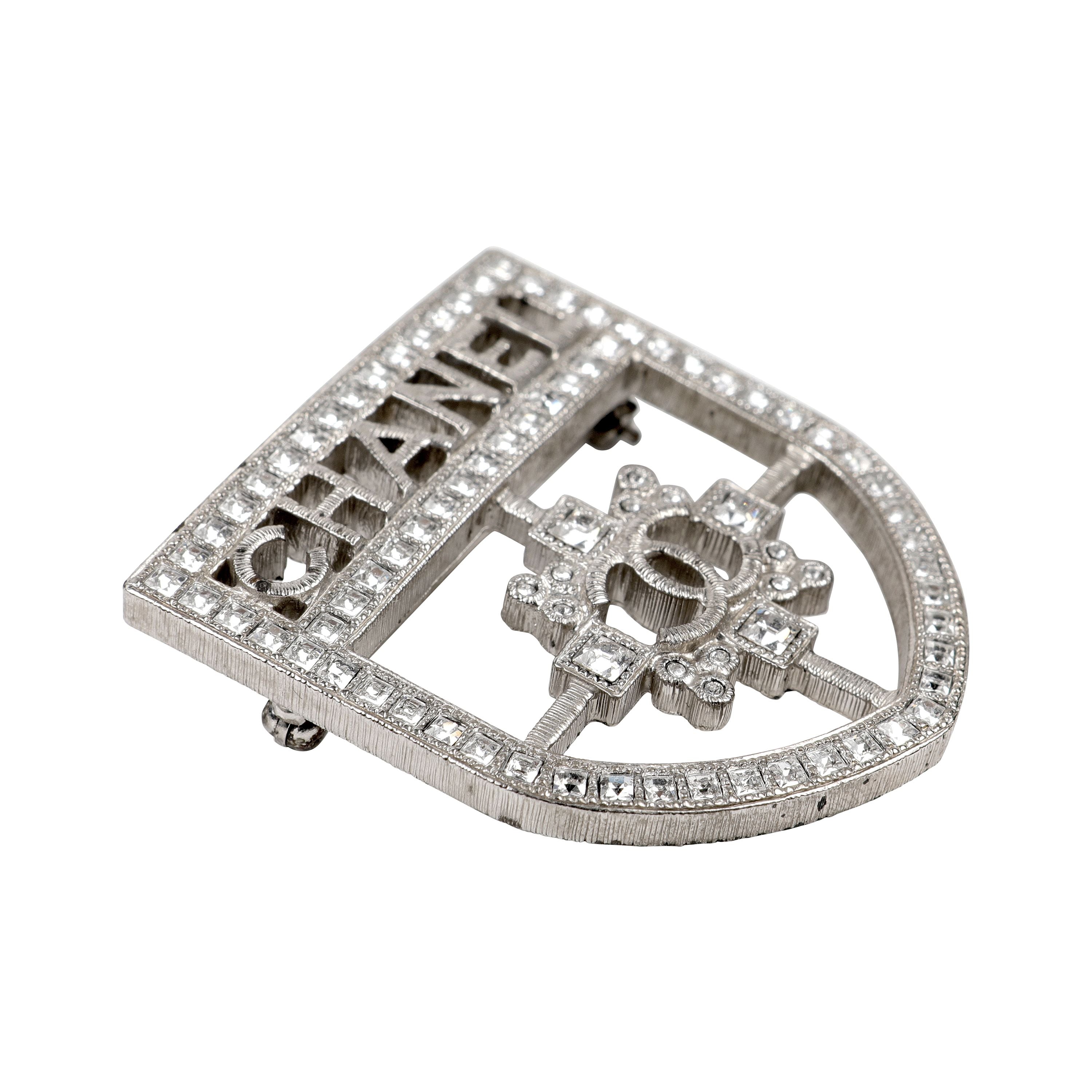 Chanel Silver Crystal CC Crest Brooch/Pin