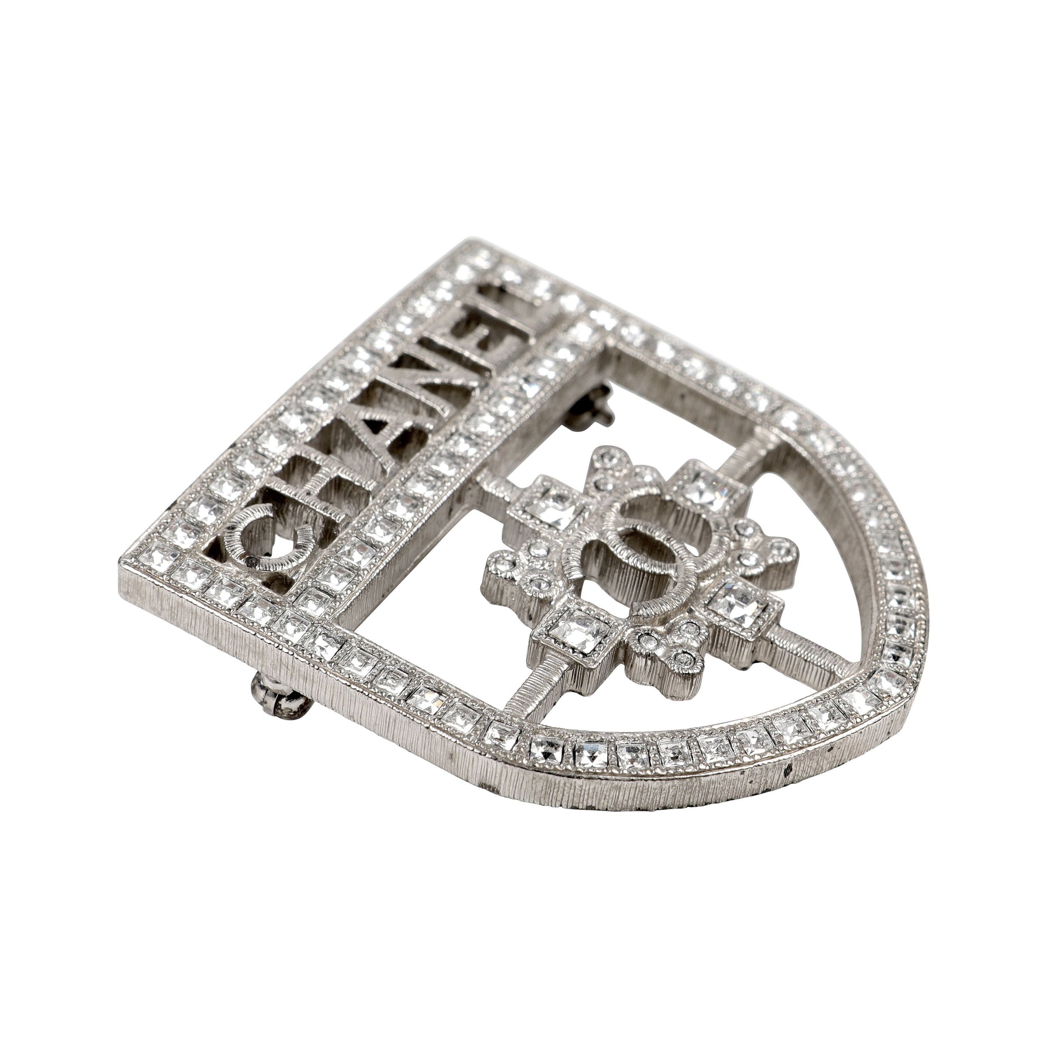 Chanel Silver Crystal CC Crest Brooch/Pin
