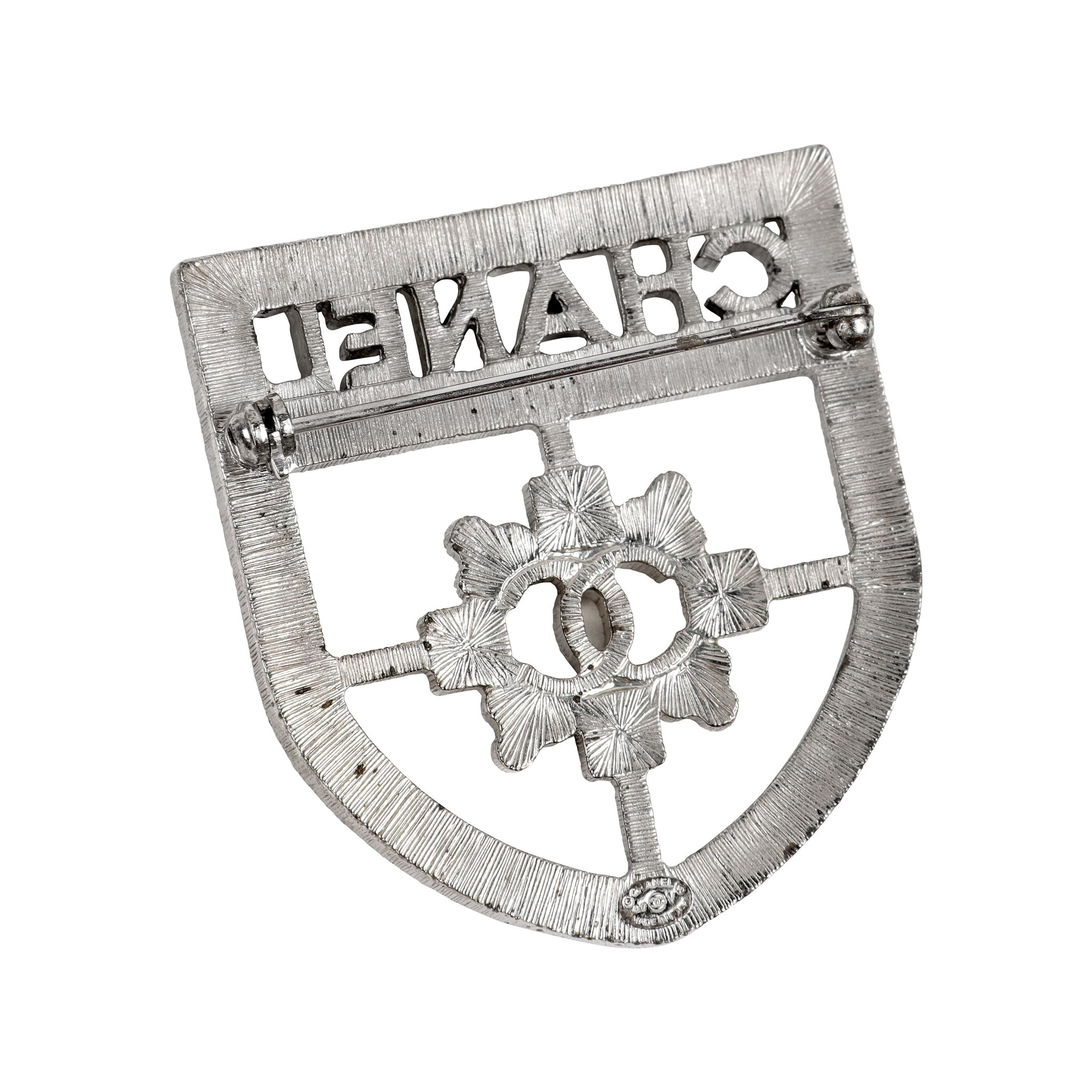 Chanel Silver Crystal CC Crest Brooch/Pin