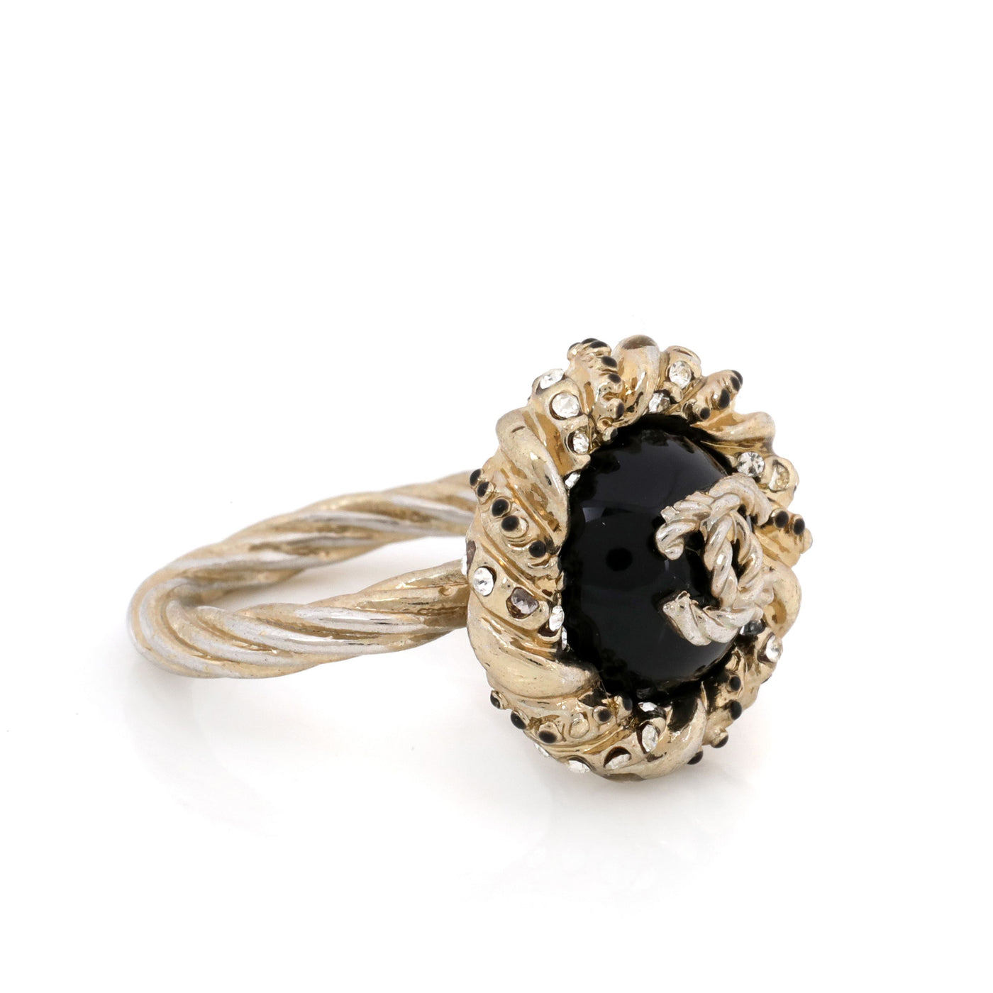 Chanel Black Enamel Ring w/ CC Center & Silver Hardware